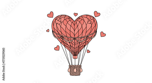 A whimsical heart shaped hot air balloon floats gently upwards surrounded by smaller hearts.
