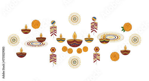Elegant diwali celebration vector design featuring diyas, crackers and marigold flowers illustration