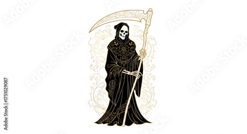 Elegant depiction of the Grim Reaper with ornate details and golden filigree backdrop