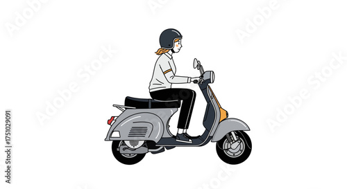 Woman riding a vintage scooter with helmet illustration on isolated background