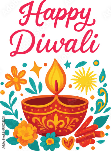 Pink Cursive Happy Diwali with Floral Diya