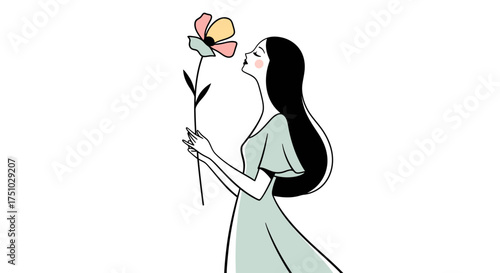 Elegant illustration of a woman in a light green dress smelling a beautiful flower with delicacy