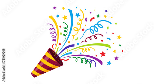 A celebration explodes with colorful confetti streamers and stars bursting from a party popper.