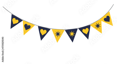 A string of decorative triangular flags with yellow and navy blue colors featuring heart and star patterns hangs across a white background.
