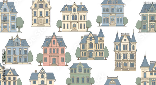 Elegant mansions and victorian architecture showcased in a seamless, detailed pattern design