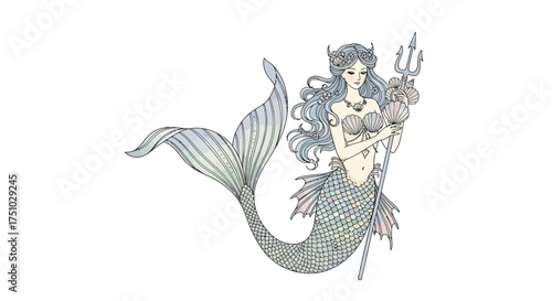 Elegant mermaid illustration with flowing hair and intricate seashell details artwork