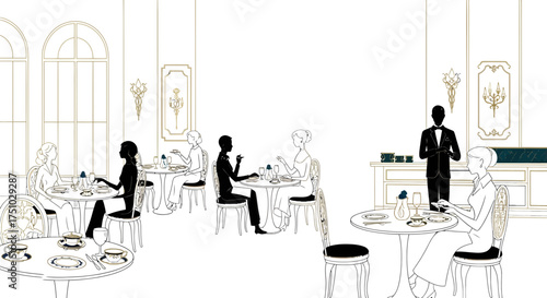 Elegant restaurant scene featuring diners enjoying afternoon tea in a sophisticated setting