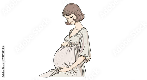 Elegant pregnant woman embracing motherhood with serene expression illustration