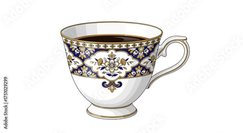 Elegant porcelain teacup with dark liquid showcasing ornate floral designs in cobalt and gold