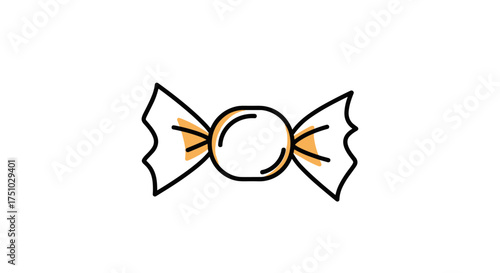 A simple drawing of a round candy wrapped in paper with orange accents.