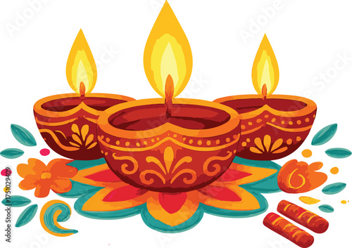 Trio of Diyas on a Vibrant Mandala Base