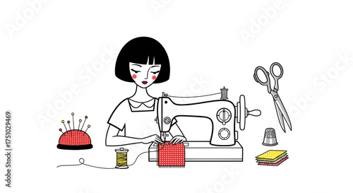 Elegantly illustrated seamstress operating an vintage sewing mechanism with crafting accessories