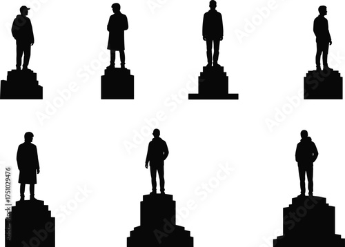 Human figure silhouettes on pedestals, symbolic comparison, posture and attire variations, black vector illustration, artistic representation, identity and status concept
