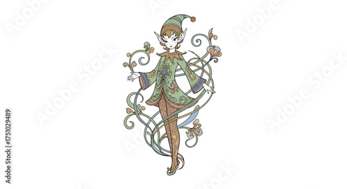 Enchanting Forest Nymph: A Vintage Illustration with Floral Flourishes and Mystical Charm