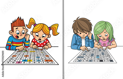 Children solving number grid puzzles, cartoon math activity, collaborative learning, logic challenge, classroom setting, colorful table, educational fun, teamwork scene
