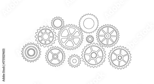 Intricate arrangement of interconnected gear wheels representing motion and mechanisms