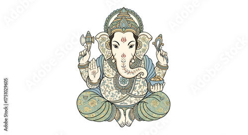 Illustrative portrayal of the elephant-headed deity Ganesha in ornate attire and seated position