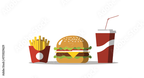 Flat illustration of fast food meal with burger, fries, and soda on a white background