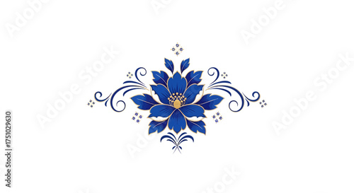 Intricate blue floral emblem with golden accents on a clean white background creates a elegant