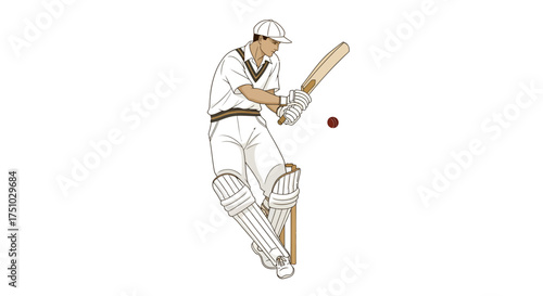 Focused cricket batsman poised for shot, showcasing traditional attire and equipment in action pose