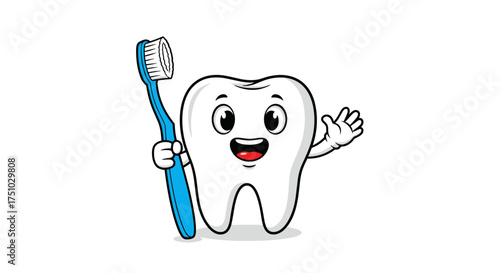 A friendly cartoon tooth with a toothbrush is waving hello to show good dental hygiene practices.