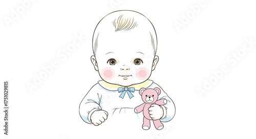 Illustration of a cute baby holding a teddy bear displaying innocence and childhood charm