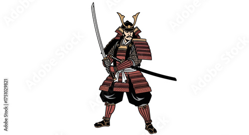 Illustration of a formidable samurai warrior in full armor holding a katana sword