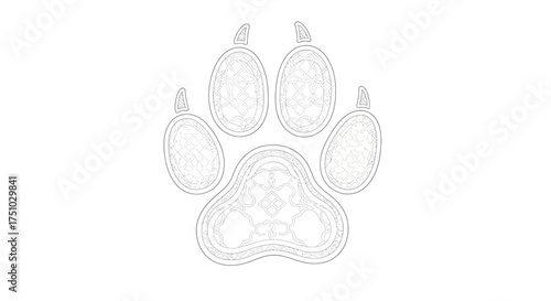 Intricate line art of a wolf or dog paw print with complex Celtic knot work