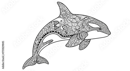 Intricate Killer Whale Artwork with Floral and Geometric Elements for Relaxation