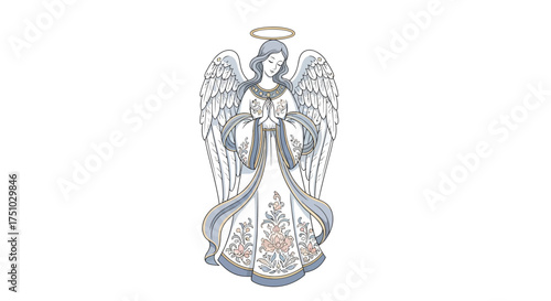 Illustration of a serene angel with ornate gown and wings on a pristine white background