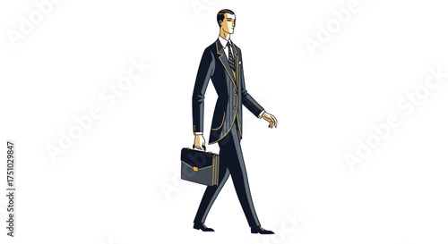 Illustration of a sharply dressed businessman confidently walking with a briefcase