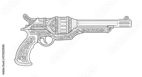 Intricate line art illustration of a vintage-style revolver with ornate details