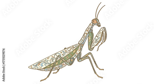 Intricate ornamental praying mantis illustration showcasing detailed floral patterns art