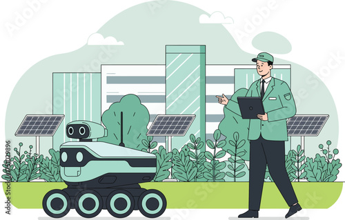 Technician in green uniform monitors a smart robot beside solar panels in a modern eco city