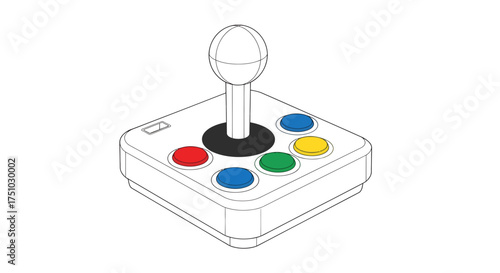 Isometric drawing style illustration of vintage arcade joystick, colorful buttons included,