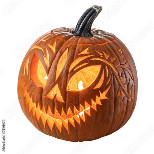 Carved Jack-O’Lantern Pumpkin Isolated on White Background – Halloween Decoration, Spooky Face Lantern, and Autumn Holiday Symbol Design