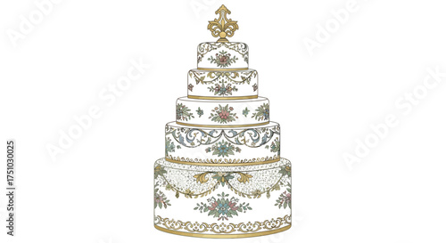 Magnificent tiered cake adorned with intricate floral patterns and elegant gold accents