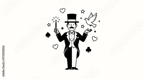 Magician with a magical wand conjuring a dove, top hat, and tuxedo icon illustration