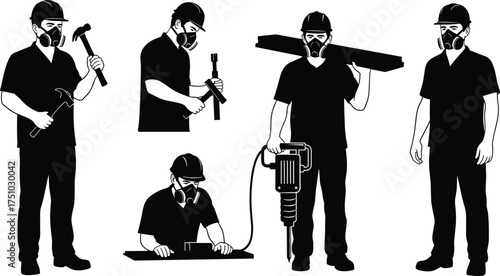 Construction worker silhouettes, hard hat safety, face mask protection, hammering, wrenching, beam carrying, job site tasks, black vector illustrations