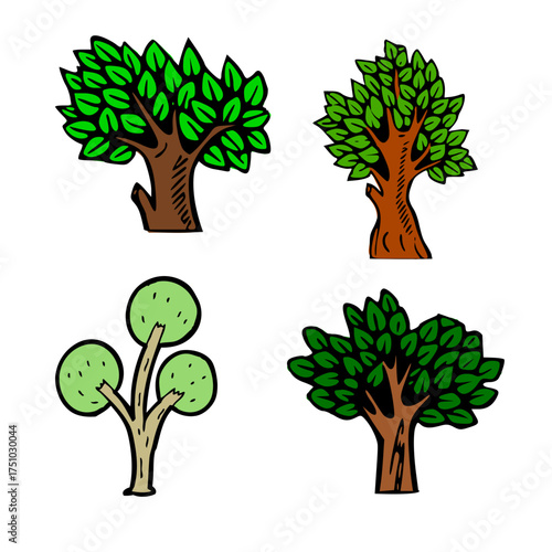 Set of Four Hand Drawn Cartoon Green Trees Illustrations