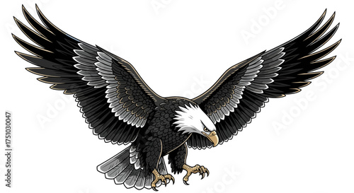 Majestic American Bald Eagle poised mid-flight rendered in striking vector art style
