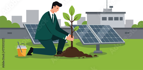 Corporate professional in suit plants a young tree beside solar panels on a green rooftop