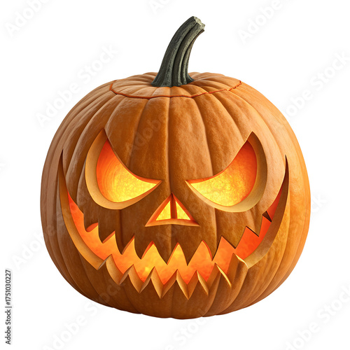 Carved Jack-O’Lantern Pumpkin Isolated on White Background – Halloween Decoration, Spooky Face Lantern, and Autumn Holiday Symbol Design