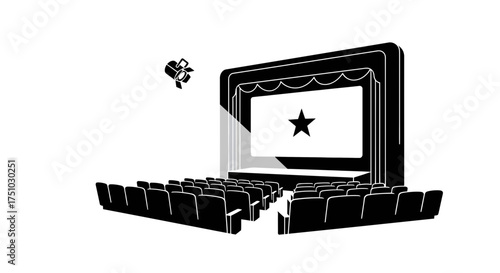 Monochrome scene of a theater stage with star icon and empty audience seating
