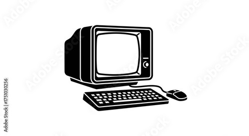 Monochrome representation of antiquated computer setup with keyboard and mouse peripheral
