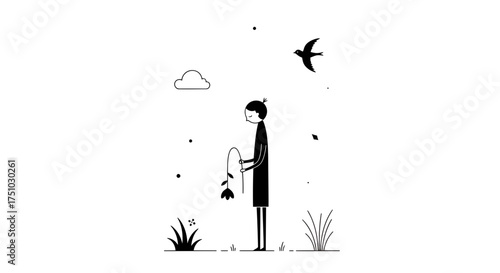 Monochrome minimalist scene showcasing solitude, a wilting flower and a bird in the sky