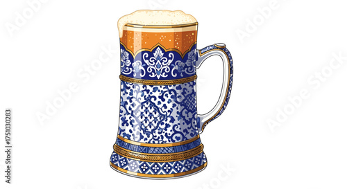 Ornamental beer mug illustration with Delft blue patterns and foamy beer detail