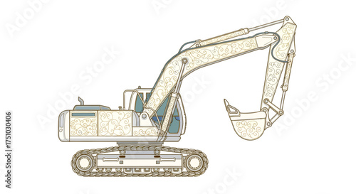 Ornate excavator illustration with decorative scrollwork, a unique blend of power and finesse