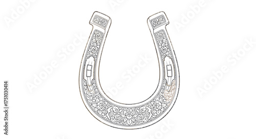 Ornate floral horseshoe illustration for good fortune and equestrian themed designs
