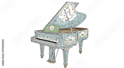 Ornate grand piano illustration with floral details, elegant design and musical notes adding a